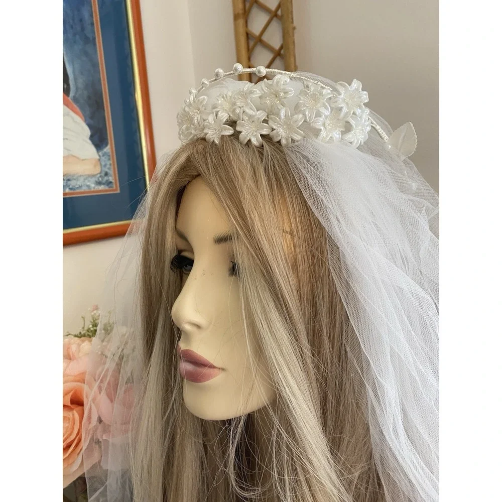 Vintage‎ Floral Beaded Pearl Embellished Wedding Crown Headband Pearlescent EUC